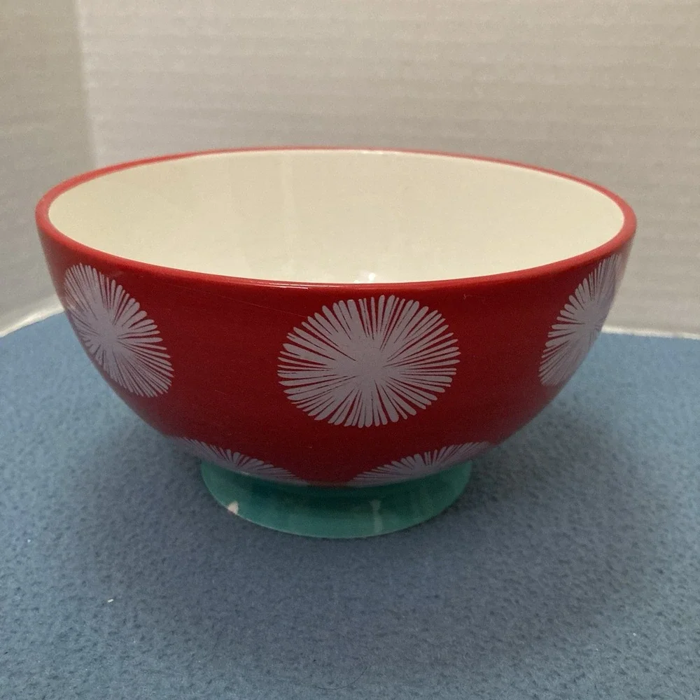 Pioneer Woman Red w/White Starbursts Teal Footed Soup/Cereal/Salad/Dessert Bowl
